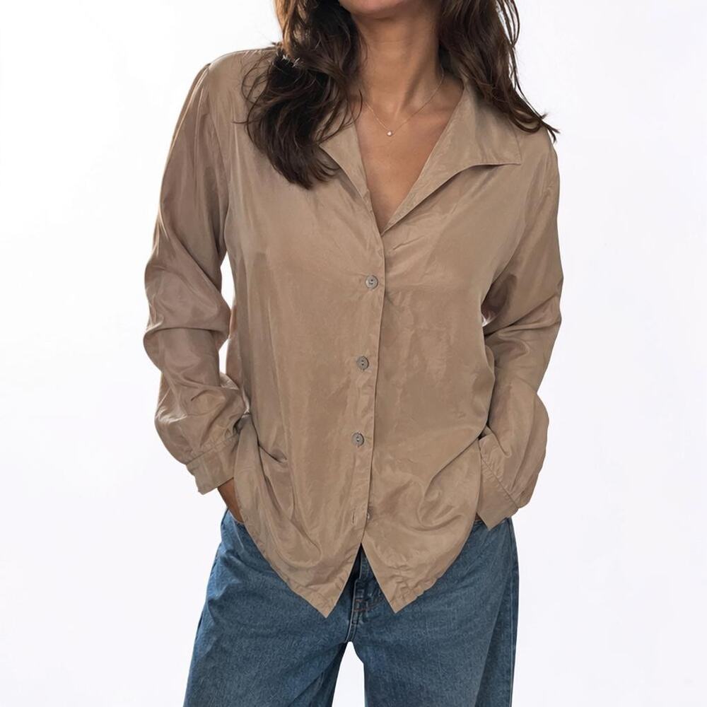 Vintage SILX Taupe Beige 100% Silk Button Front Blouse Size Large
